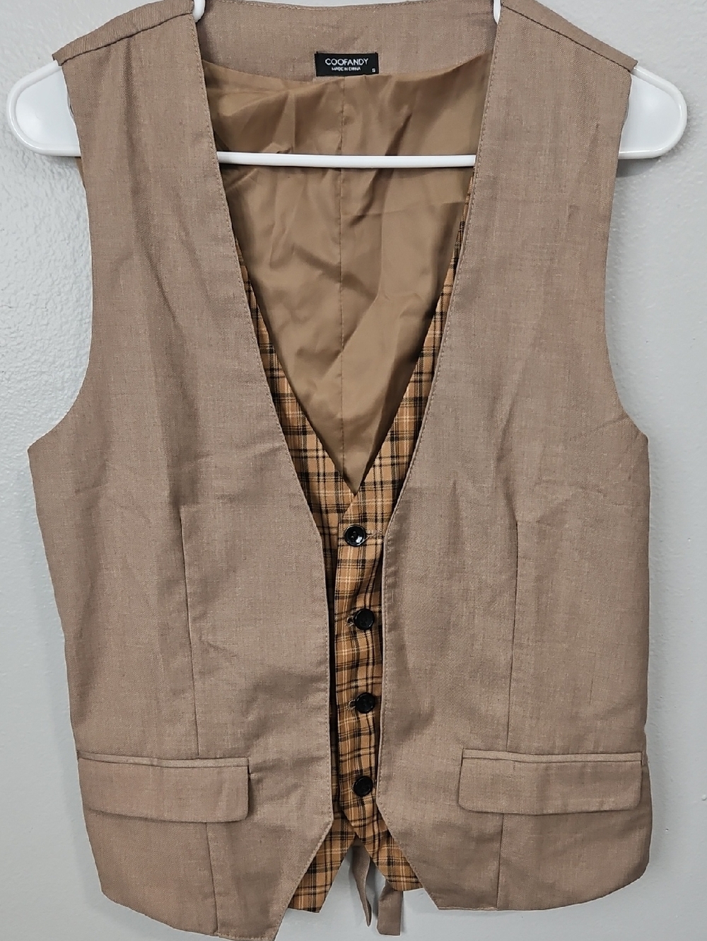 Women's Tan Linen Vest Vneck with Plaid Lining Tie Back Fitted